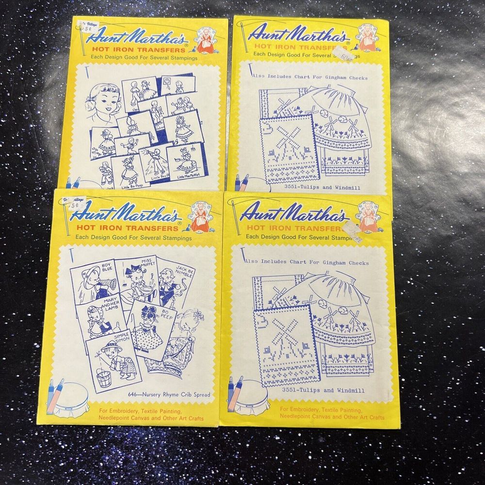 Lot of 4 Aunt‎ Martha's Hot Iron Transfers for Embroidery & Variety Designs